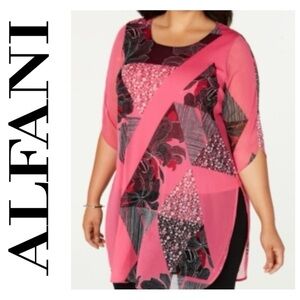 ALFANI 3/4 Sleeve Pink Black Semi-sheer Lined Tunic Blouse Floral Chiffon Top 3X